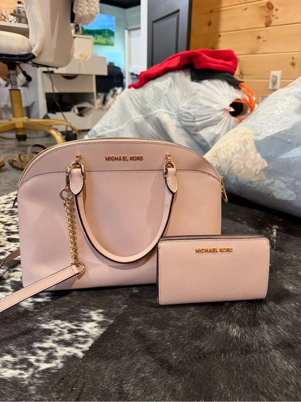 Michael Kors Blush Saffiano Dome Satchel with Matching Wallet